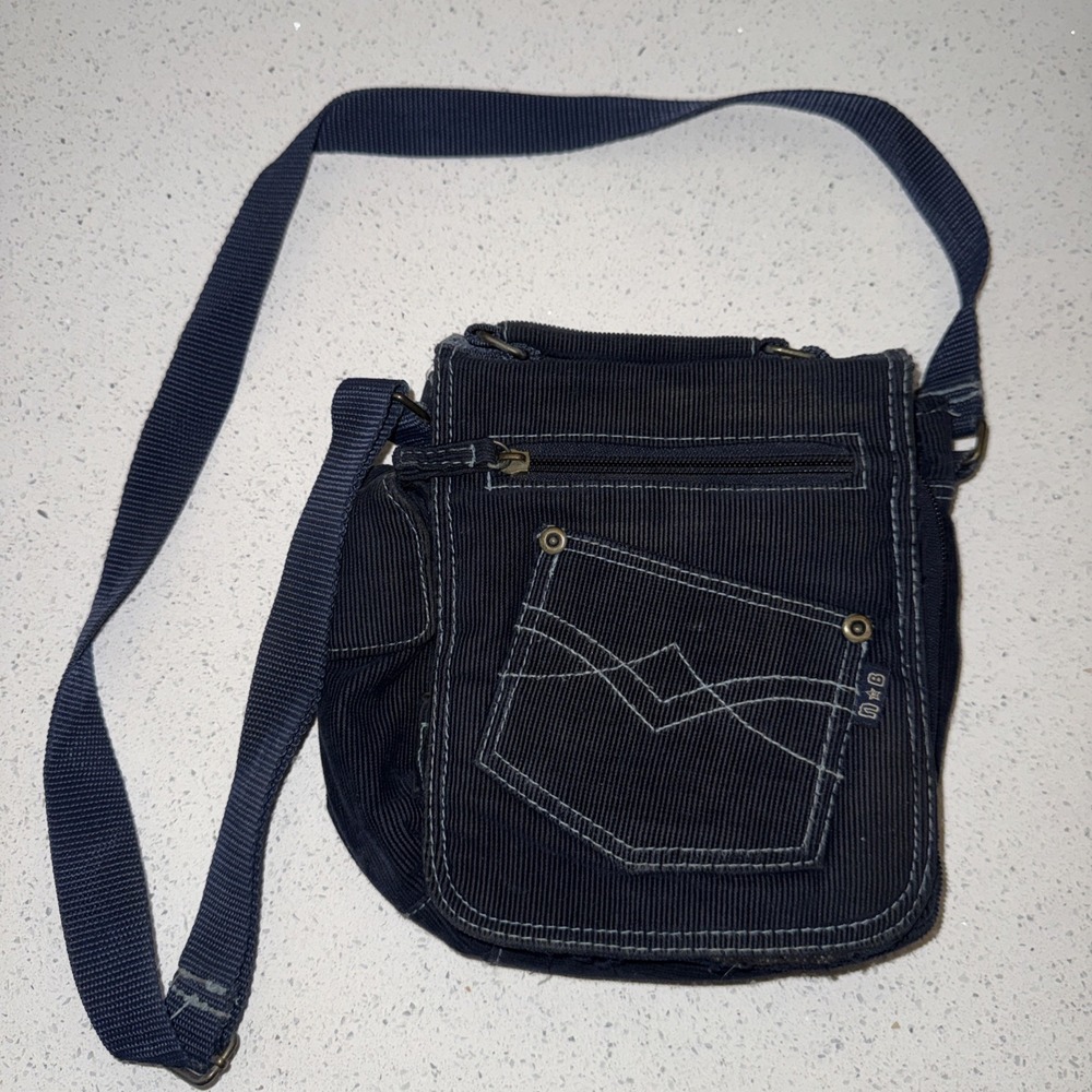 Vintage Y2K Navy Blue Corduroy Crossbody Messenger Bag NB Western Stitch Pocket